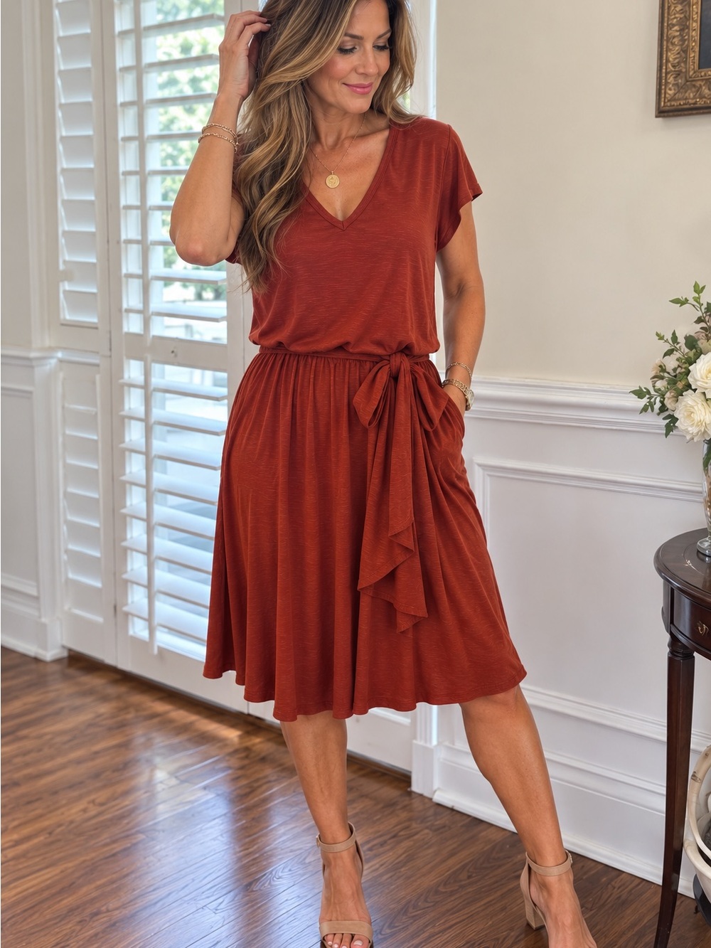 White House Black Market Rust-orange V-Neck Tie-Waist Midi Dress